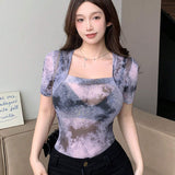 Camiseta de manga corta y cuello cuadrado con efecto degrade para mujer