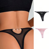 2 piezas Set de lenceria sexy con cordon y detalles de pedreria, calzones de tanga transpirables