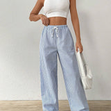 NEW  EZwear Pantalones bajos de lino de rayas para mujer