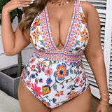 Swim Vcay Traje de baño de una sola pieza de talla grande con estampado floral de verano para playa