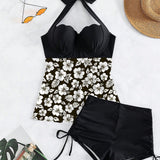 Swim Conjunto de tankini para mujeres con estampado floral de patchwork con cuello halter, espalda con lazo, top y shorts con dobladillo con cordon, ideal para vacaciones de verano en la playa
