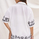 WYWH Conjunto de 2 piezas para mujer con estilo de vacaciones, camisa y shorts de lino blanco con elementos impresos de oceano negro
