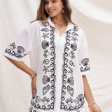 WYWH Conjunto de 2 piezas para mujer con estilo de vacaciones, camisa y shorts de lino blanco con elementos impresos de oceano negro