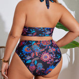 Swim Curve Conjunto de traje de bano de talla grande para playa de verano con estampado floral, sujetador halter y Bottom bikini para unas vacaciones de playa