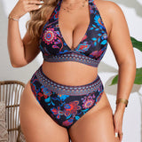 Swim Curve Conjunto de traje de bano de talla grande para playa de verano con estampado floral, sujetador halter y Bottom bikini para unas vacaciones de playa