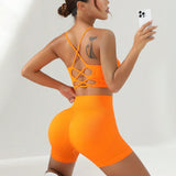 Sport Lifespree Conjunto de top tipo camisola y shorts sin costuras con espalda cruzada, ajustado para fitness