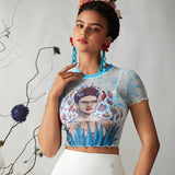 Frida Kahlo X  Top corto de malla transparente con ribete de lechuga y estampado de plantas para mujer, verano