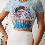 Frida Kahlo X  Top corto de malla transparente con ribete de lechuga y estampado de plantas para mujer, verano