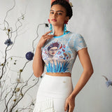 Frida Kahlo X  Top corto de malla transparente con ribete de lechuga y estampado de plantas para mujer, verano