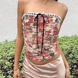 Prive Top veraniego para mujer con estampado floral, frontal plisado y corbata sin tirantes