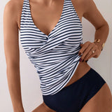 Swim Conjunto de tankini de rayas con cuello en V para mujer y Bottom de unicolor para nadar en la playa durante las vacaciones de verano