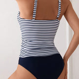 Swim Conjunto de tankini de rayas con cuello en V para mujer y Bottom de unicolor para nadar en la playa durante las vacaciones de verano