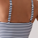 Swim Conjunto de tankini de rayas con cuello en V para mujer y Bottom de unicolor para nadar en la playa durante las vacaciones de verano