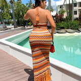 SXY Colorido conjunto de top sin mangas tejido de cuello halter y falda con flecos de abertura alta para vacaciones de verano en la playa estilo BOHO