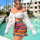 SXY Colorido Shorts de crochet con dobladillo con volantes perfectos para vacaciones y atuendo de verano informal y atractivo para mujeres en la playa con estilo bohemio y colorido