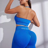 Sport Studio Conjunto deportivo para mujer de sosten casual sin costuras de cuello halter y leggings de unicolor, traje de tenis para mujer