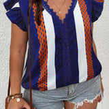 Blusa elegante de verano de a grande con cuello en V, mangas de gorra a rayas y estampado