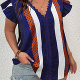 Blusa elegante de verano de a grande con cuello en V, mangas de gorra a rayas y estampado