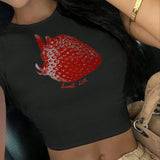 EZwear Camiseta de manga corta con cuello redondo y estampado de fresa para mujer