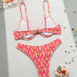 VCAY Conjunto de bikini con estampado floral y cuello halter para usar en la playa durante las vacaciones