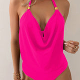 Swim Conjunto de tankini solido con cuello halter y espalda descubierta para mujer, ideal para vacaciones en la playa