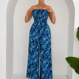 SXY Vacation Blue Paisley Print Loose Long Tube Top Jumpsuit