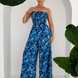 SXY Vacation Blue Paisley Print Loose Long Tube Top Jumpsuit