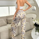 NEW Conjunto de pijama para mujeres con parte superior de tirantes simples de unicolor y pantalones impresos