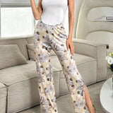 NEW Conjunto de pijama para mujeres con parte superior de tirantes simples de unicolor y pantalones impresos