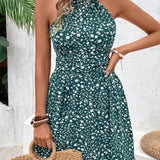 Frenchy Vestido elegante de punto de cable sin espalda con cuello halter, cintura ajustable con lazo para tus vacaciones