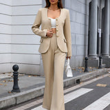 BIZwear Elegante y de alta calidad conjunto de blazer sin cuello con botones de metal y pantalones rectos para mujeres, adecuado para profesoras y trabajadoras de oficina.