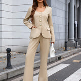 BIZwear Elegante y de alta calidad conjunto de blazer sin cuello con botones de metal y pantalones rectos para mujeres, adecuado para profesoras y trabajadoras de oficina.