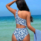 Swim Vcay Mono estampado de hombro oblicuo con estilo vintage para mujer