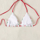 Swim Mod Bikini de cuello halter con estampado de cerezas para mujer, ideal para vacaciones, impresion aleatoria