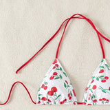 Swim Mod Bikini de cuello halter con estampado de cerezas para mujer, ideal para vacaciones, impresion aleatoria