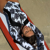 Swim SPRTY Traje de bano de una pieza con estampado de arbol de coco y bloques de color, ideal para las vacaciones de verano en la playa y el surf