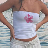 EZwear Top tubo blanco con flores rosas para mujer, casual y sexy, adecuado para el verano