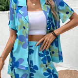 VCAY Conjunto de dos piezas para mujer casual de vacaciones con camisa de manga corta con cuello de traje estampado de flores y shorts