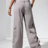 EZwear Jeans holgados de unicolor para mujeres con bolsillos anchos de moda