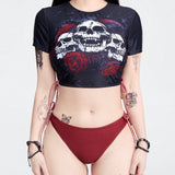 ROMWE Goth Conjunto tankini para mujer de verano para vacaciones en la playa con parte superior de manga corta impresa con calavera y Bottom de bano