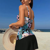 Swim Lushore Conjunto de tankini para mujer con estampado tropical en la parte superior y unicolor en la Bottom para vacaciones en la playa