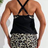 Swim Lushore Traje de bano de dos piezas para mujeres de playa de verano, con top tankini de unicolor y estampado de leopardo con tiras cruzadas en la espalda y shorts de bano. Estampado aleatorio.