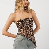 EZwear Top de leopardo asimetrico de verano sin tirantes con dobladillo desigual