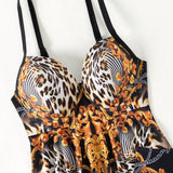 VCAY Conjunto de tankini de vacaciones para mujer con estampado de leopardo y patron barroco con parte superior tipo camisola y Bottom triangular