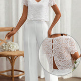 Frenchy Conjunto de top y pantalon de mujer de color solido con manga corta, Conjunto de pantalon blanco, Conjunto de pantalon de encaje blanco, Todo en blanco, Conjunto de Frenchies, Vestidos blancos para invitados de bodas, Elegancia cotidiana