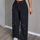 PETITE Jeans casuales sueltos de pierna ancha para mujeres con bolsillos y detalles desgastados