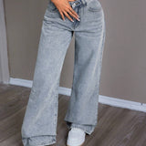 EZwear Jeans para mujer de talle bajo con cierre de cremallera y color liso