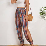 VCAY Pantalones estampados con rayas para mujer con aberturas laterales y punos elasticos, ajuste holgado para vacaciones