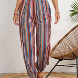 VCAY Pantalones estampados con rayas para mujer con aberturas laterales y punos elasticos, ajuste holgado para vacaciones