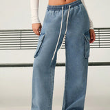 Forever 21 Jeans anchos de pierna con cintura elastica de mezclilla azul claro en forma de utility